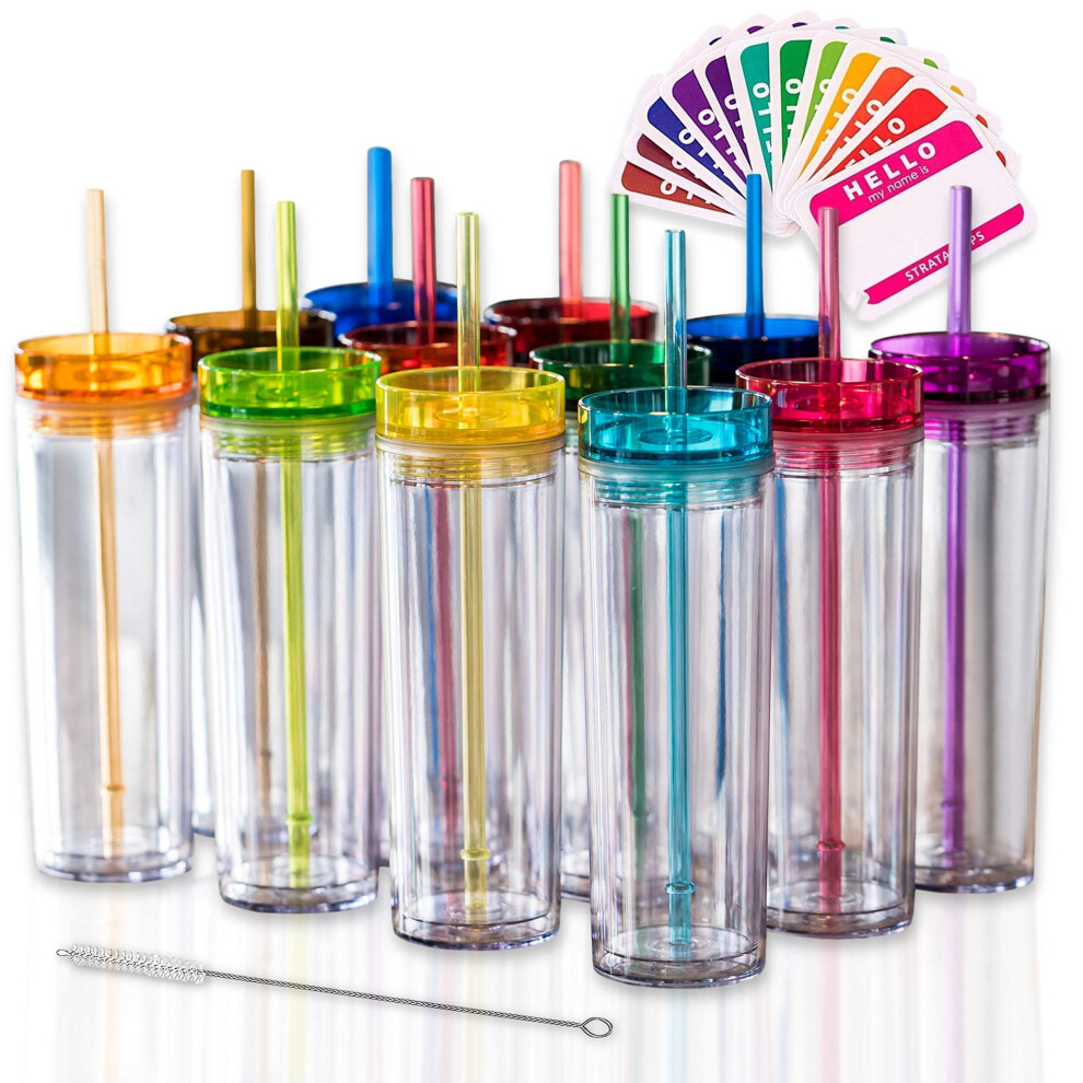 Strata Cups 12 Colored Skinny Clear Tumbler With Lids And Straws 16Oz Double Wall Clear Acrylic Tumblers Bulk With Free Straw