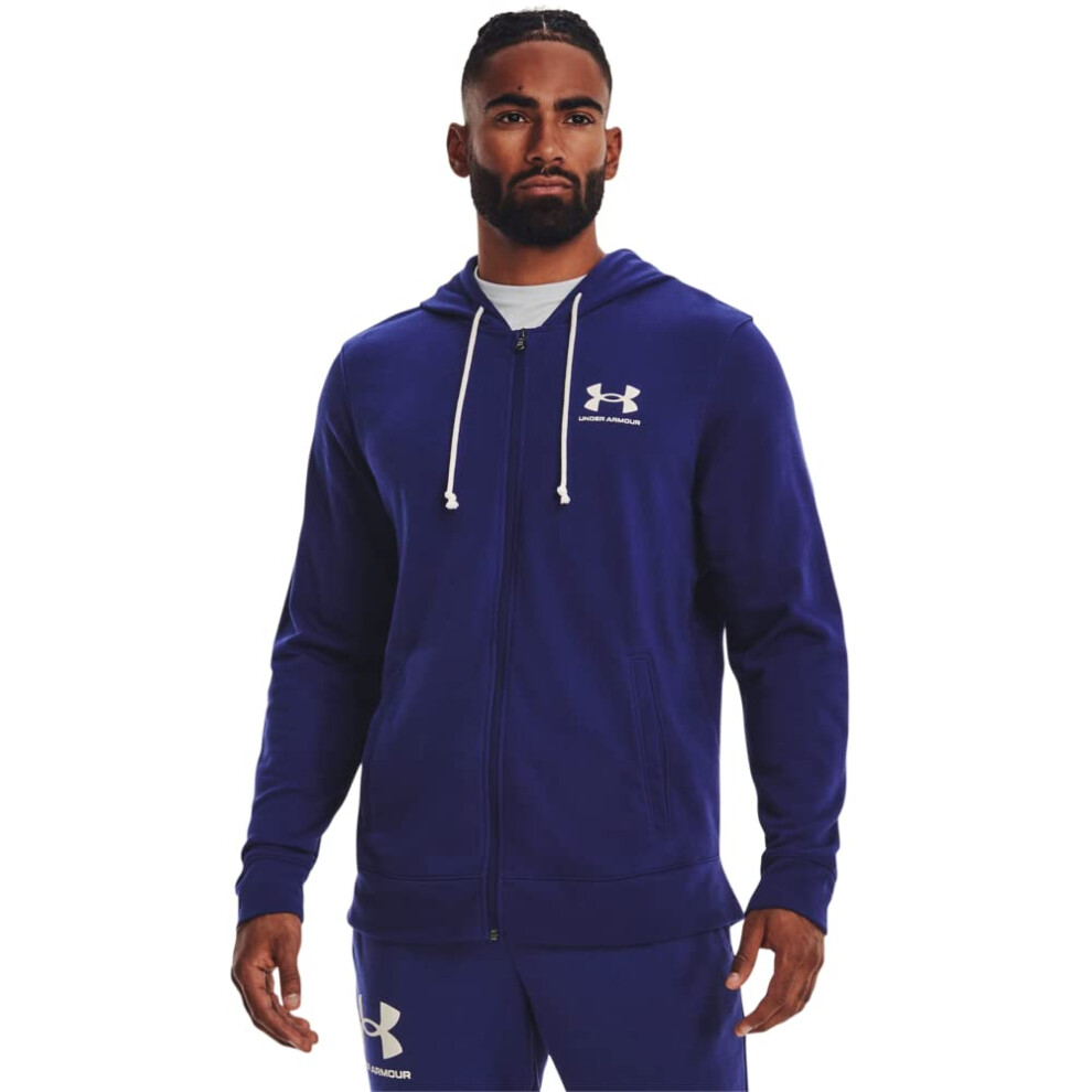 Under Armour Mens Rival Terry Full Zip  468 Sonar Blue   Onyx White  Large