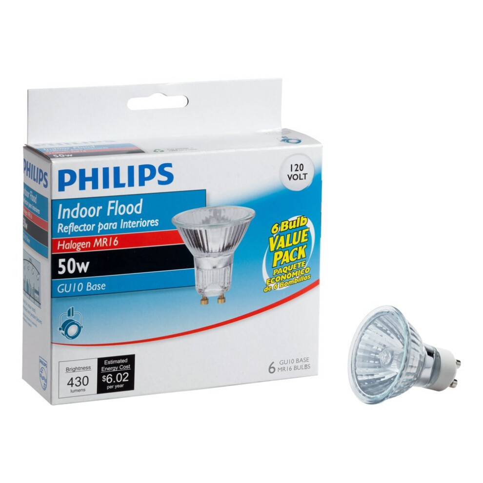 Philips 415760 50Watt Halogen Indoor Flood MR16 GU10 Base 120Volt Light Bulb  6Pack