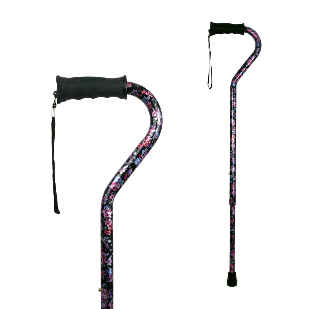 Carex Ergo Offset Cane with Soft Cushioned Handle  Adjustable Walking Cane for Women  Black Cane with Floral Pattern and Flowe