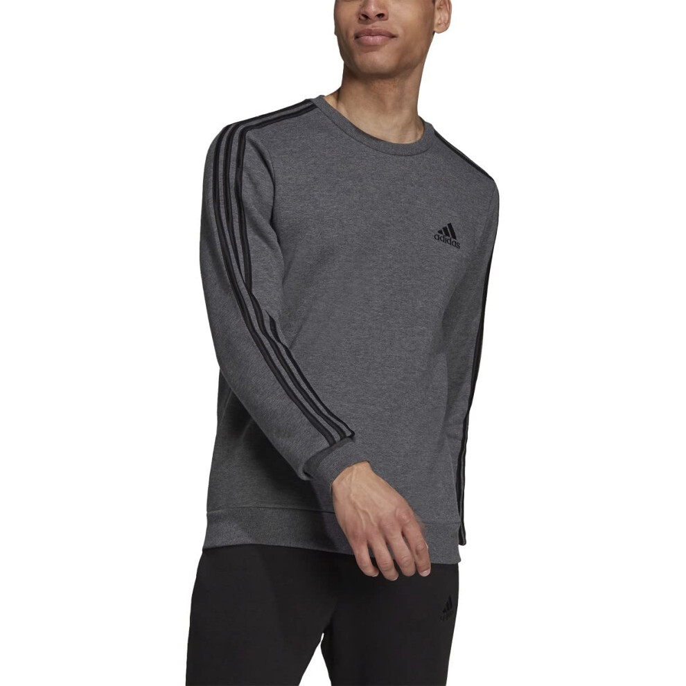 adidas Mens Essentials Fleece 3Stripes Sweatshirt  Dark Grey HeatherBlack  Large