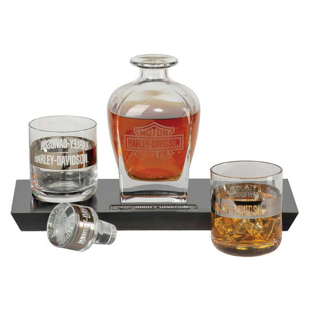 HarleyDavidson Bar  Shield Logo Glass Decanter  Whiskey Glasses Set  23 oz