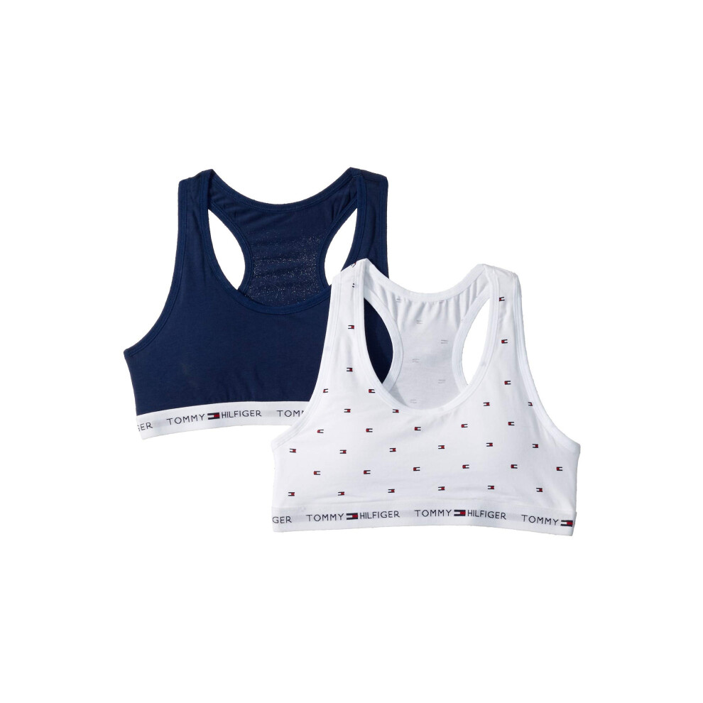 Tommy Hilfiger Girls Crop Sports Bra Pack of 2  Racerback Straps  Soft Elastic Waistband  Cotton  Spandex  White Mini Flag