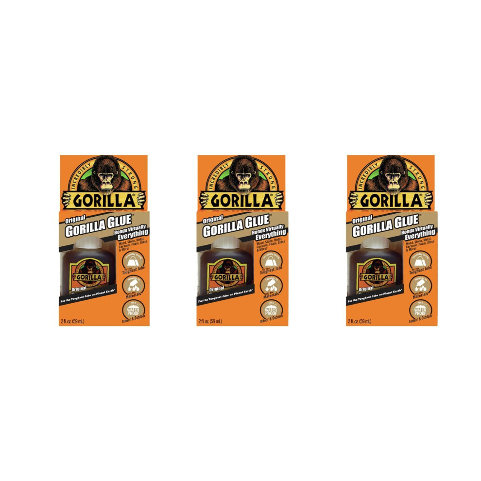 Gorilla Original Waterproof Polyurethane Glue  2 ounce Bottle  Brown  Pack of 3