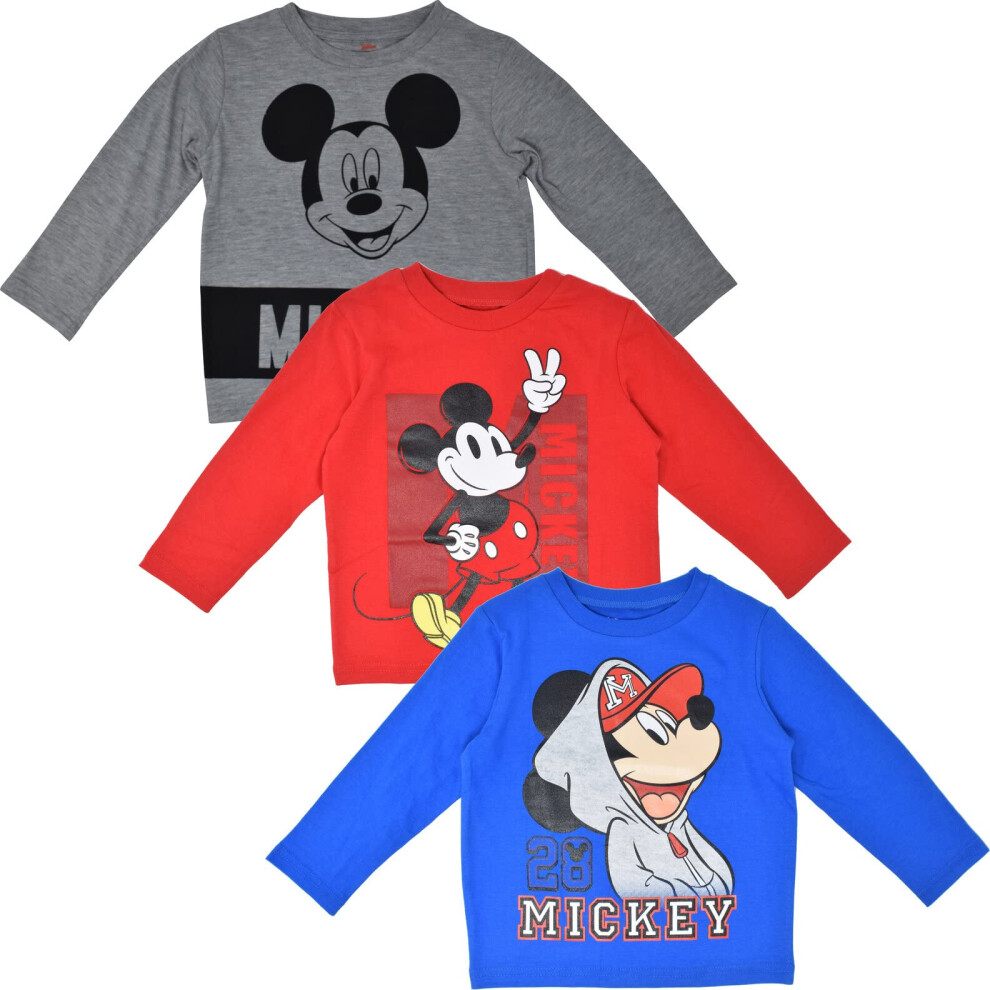 Disney Mickey Mouse Toddler Boys 3 Pack Long Sleeve TShirts RedBlueGrey 4T