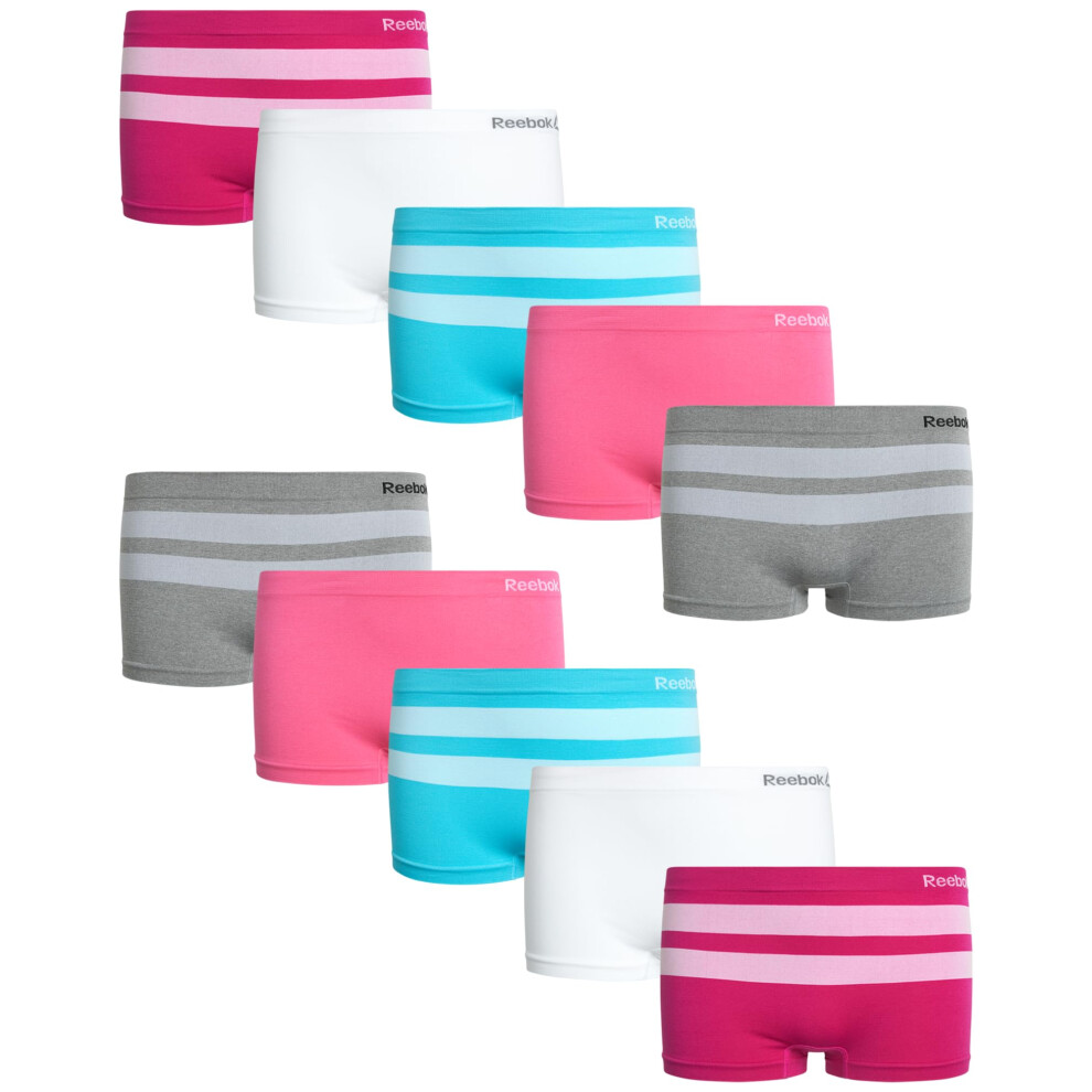 Reebok Girls Underwear  Seamless Boyshort Panties 10 Pack  Size Medium  Fuchsia StripesWhiteAqua StripesPinkSharkskin Stripe