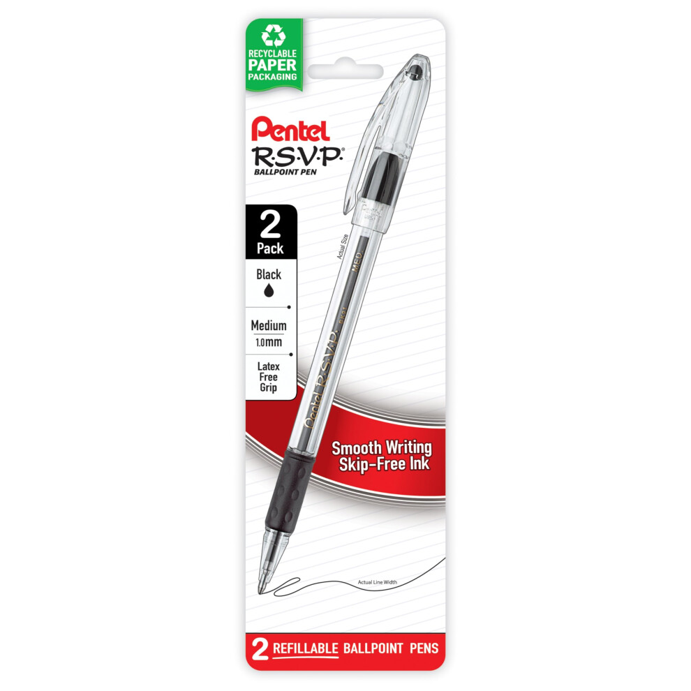 Pentel RSVP Ballpoint Pen  Medium Line  Black Ink  2 Pack BK91BP2A