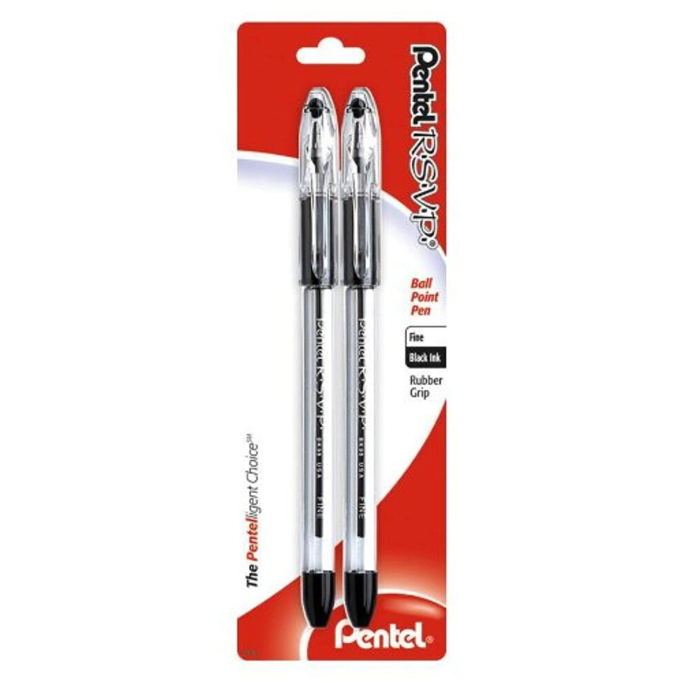 Pentel RSVP Ballpoint Pen  Fine Line  Black Ink  2 Pack BK90BP2A