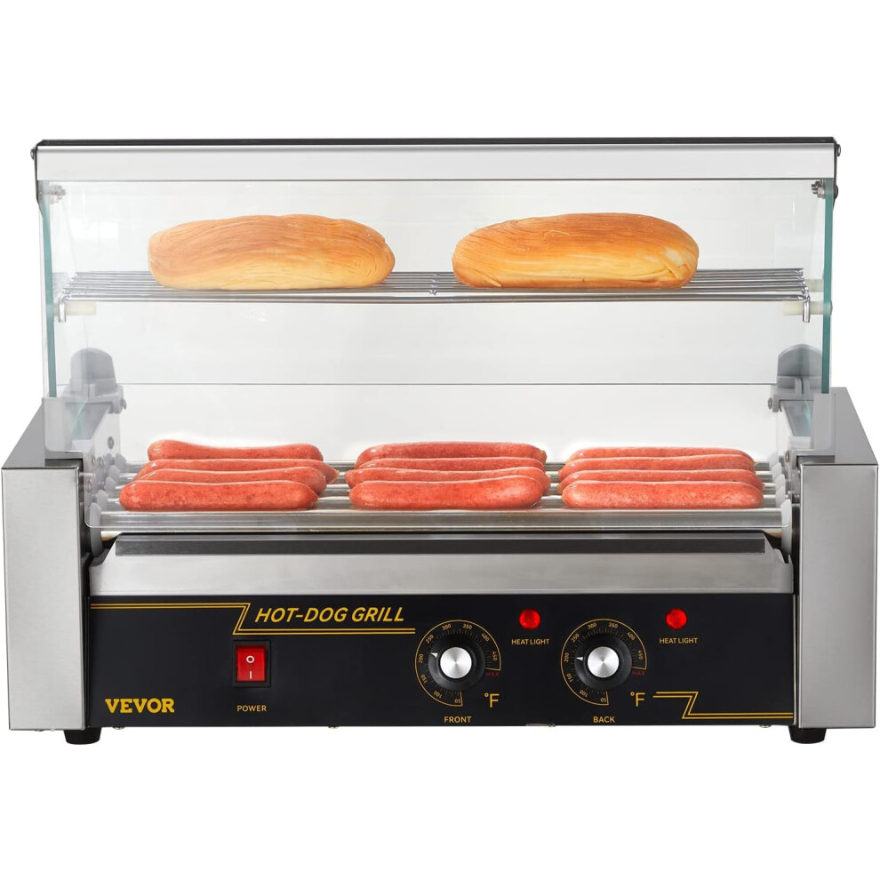 VEVOR Hot Dog Roller 5 Rollers 12 Hot Dogs Capacity  750W Stainless Sausage Grill Cooker Machine with Dual Temp Control Glass Ho