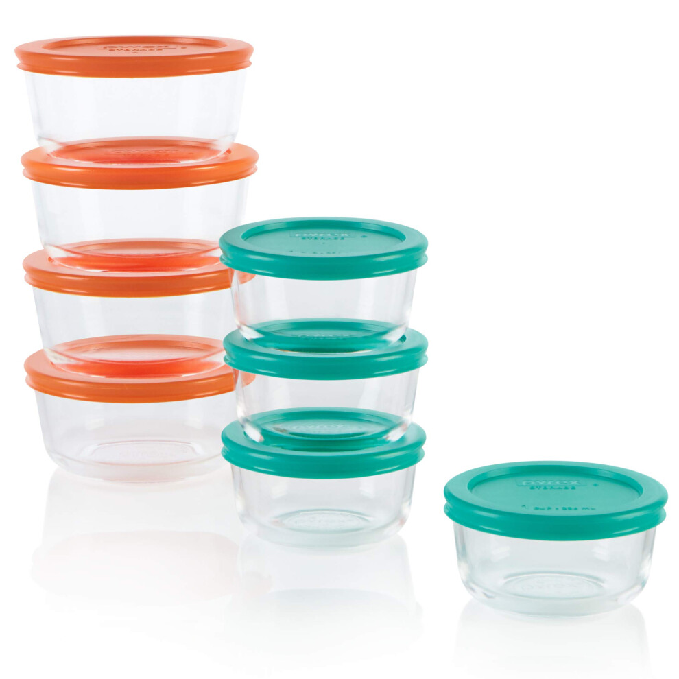 Pyrex 16Piece Glass Food Storage Container Set  Includes Round 2Cup  1Cup Containers with Lids  BPAFree  Dishwasher  Micr