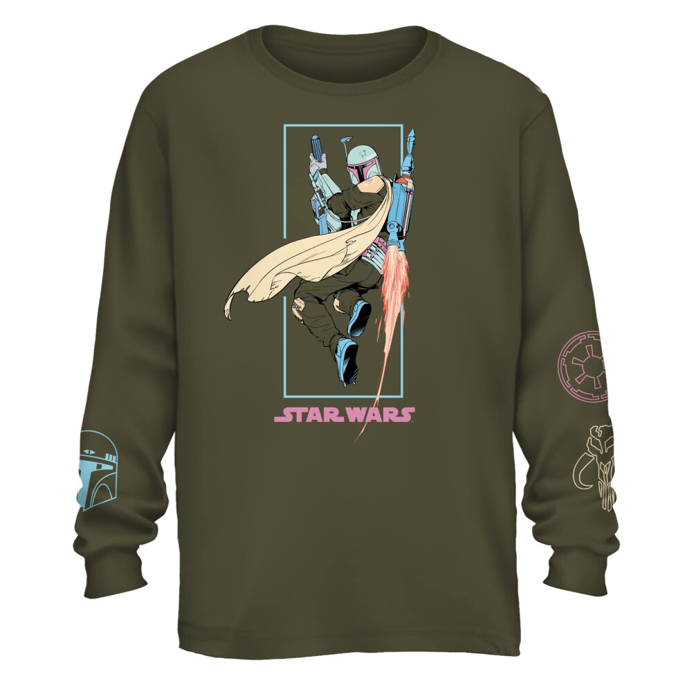 STAR WARS Boba Fett Flying Box Green Graphic Tee Mens Adult Long Sleeve TShirt XLarge