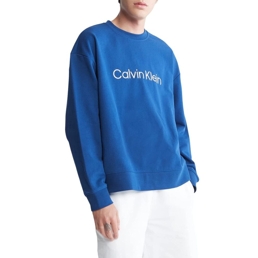 Calvin Klein Mens Relaxed Fit Logo French Terry Crewneck Sweatshirt  Blue Herald  Extra Extra Large