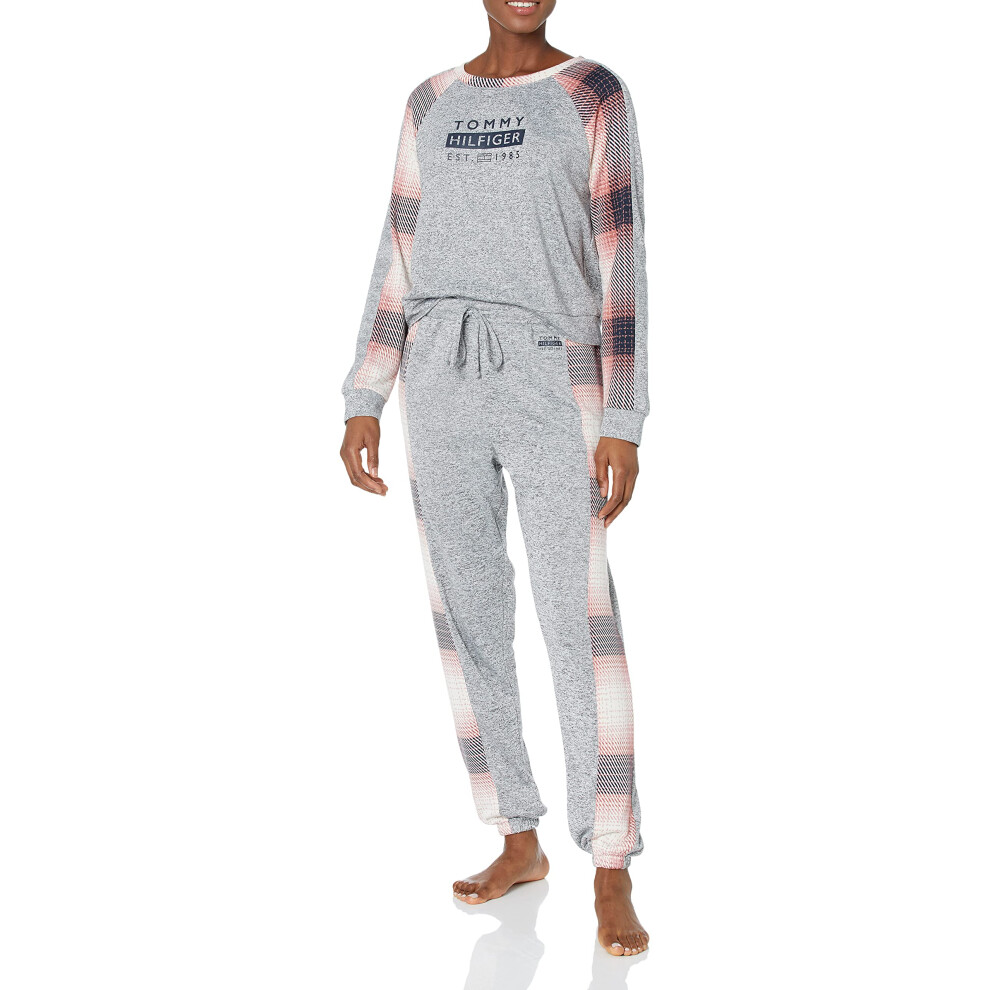 Tommy Hilfiger Womens Hacci Long Sleeve Top and Jogger Bottom Pant Pajama Set  Tommy Shadow Plaid Red  XSmall