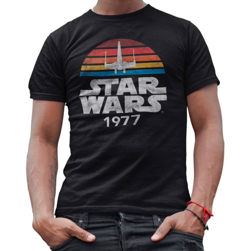 STAR WARS 1977 Logo Rainbow Sun XWing Classic Retro Vintage Adult Mens Graphic Tee Apparel TShirt Premium Black  Large