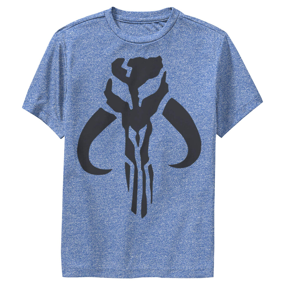 STAR WARS Boys The Mandalorian Mythosaur Skull Logo Performance Tee  Royal Blue Heather  Large