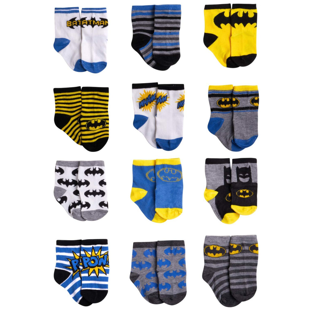 DC Comics Baby BoysGirls 12 Pack Socks Batman  Wonder Woman  Superman  Justice League  Super Girl  Size Age 612M  BlueYellow