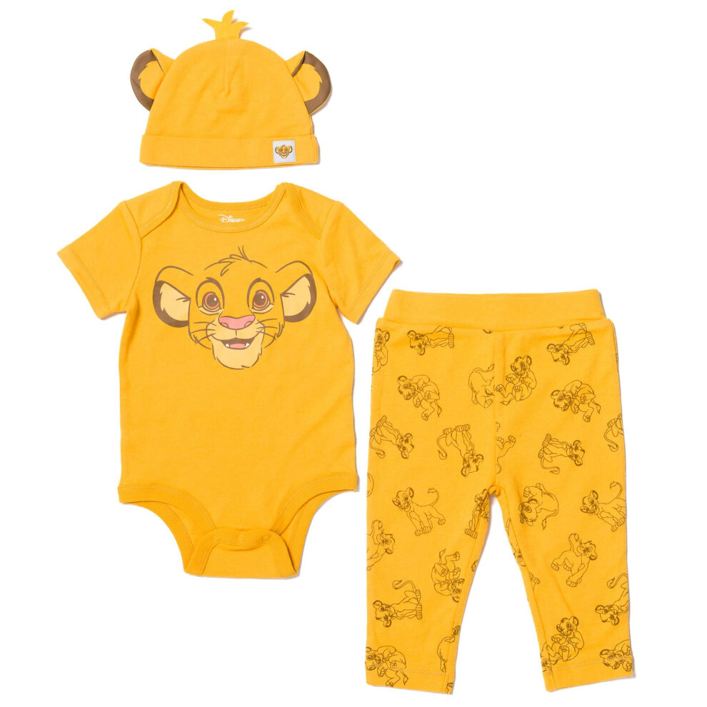 Disney Lion King Simba Newborn Baby Boy or Girl Bodysuit Pants and Hat 3 Piece Outfit Set Orange 69 Months