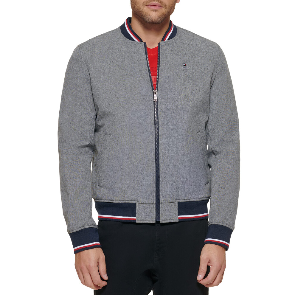 Tommy Hilfiger Mens Lightweight Varsity Rib Knit Bomber Jacket  Heather Grey soft shell  Large