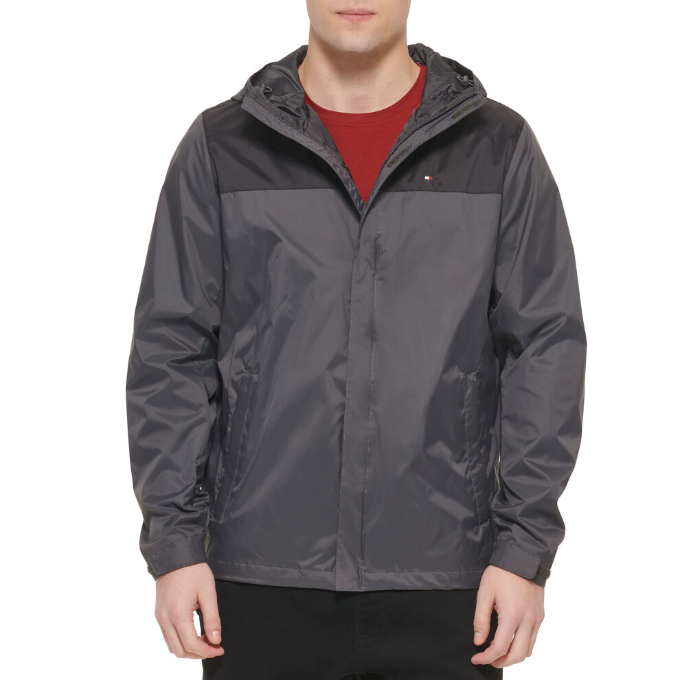 Tommy Hilfiger Mens Lightweight Breathable Waterproof Hooded Jacket  CharcoalBlack Colorblock  XSmall