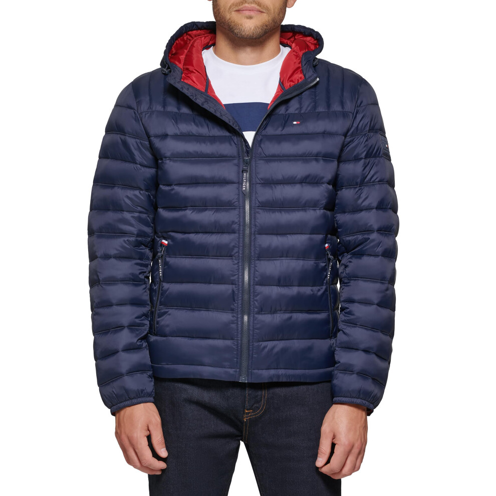 Tommy Hilfiger Mens Water Resistant Ultra Loft Filled Hooded Puffer Jacket  Midnight  Large