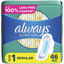 Always Ultra Thin Feminine Pads For Women Size 1 Regular Absorbency With Wings Unscented 46 Count