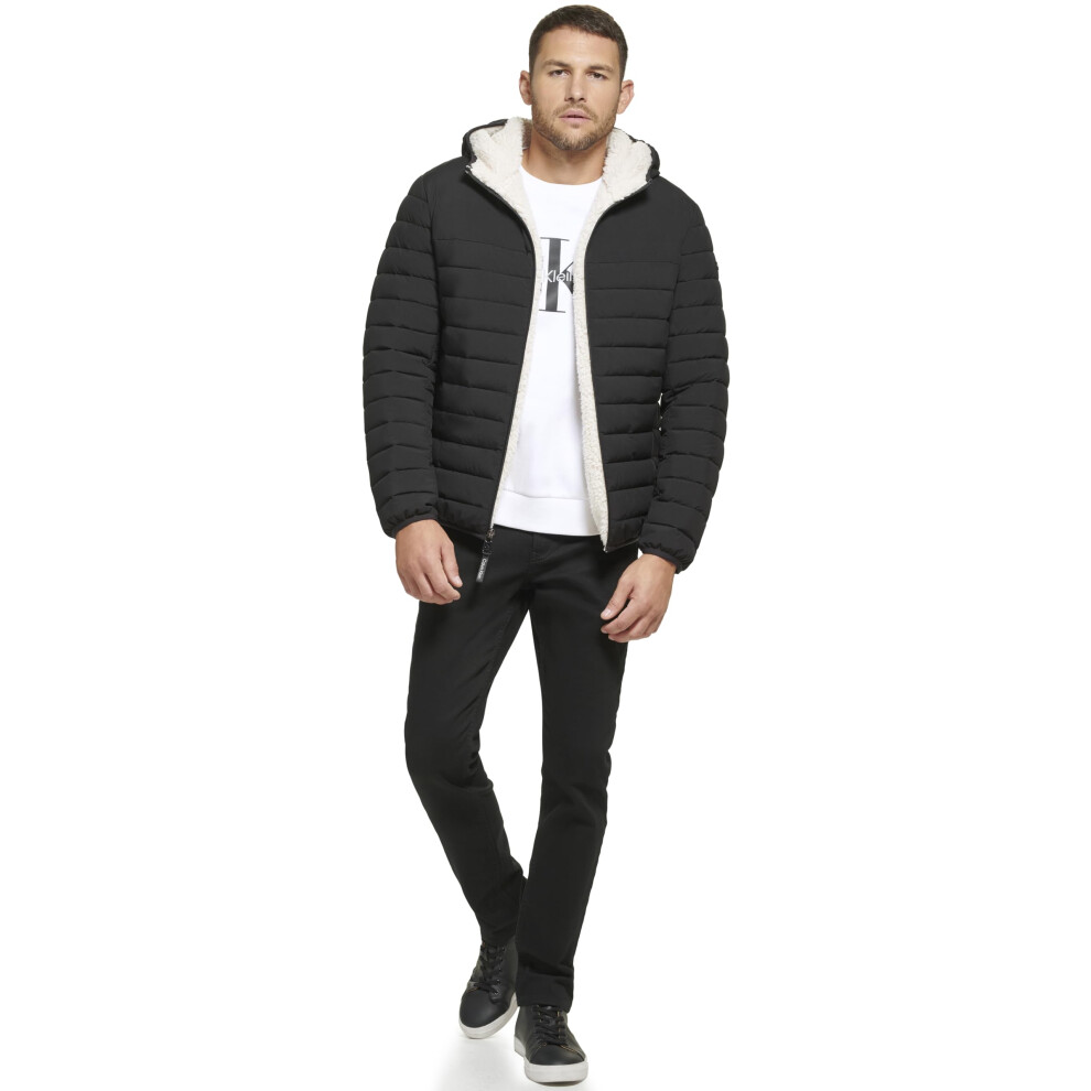 Calvin Klein Mens Hooded Down Jacket  Quilted Coat  Sherpa Lined  Black  Larg