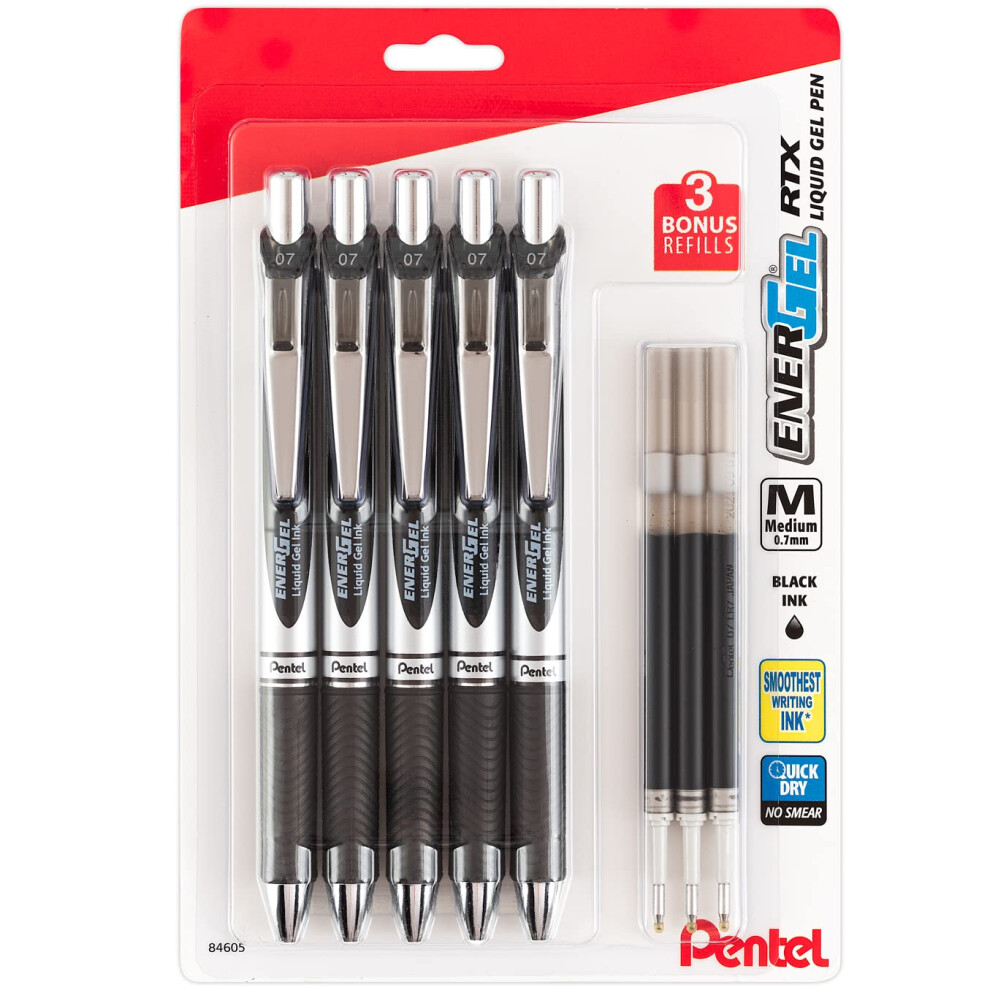 Pentel EnerGel Liquid Gel Ink Pens 07 mm  Pack of 5 Black Deluxe RTX Pens with 3 Refills