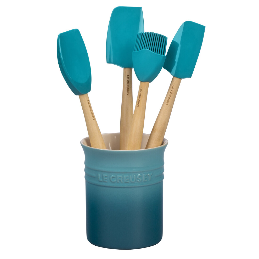 Le Creuset Silicone Craft Series Utensil Set with Stoneware Crock  5 pc  Caribbean