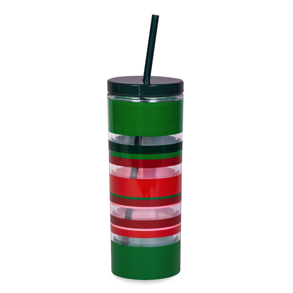 Kate Spade New York Acrylic Holiday Tumbler with Lid and Straw  24 oz Tumbler  Slim Double Wall Tumbler  Christmas Stripe