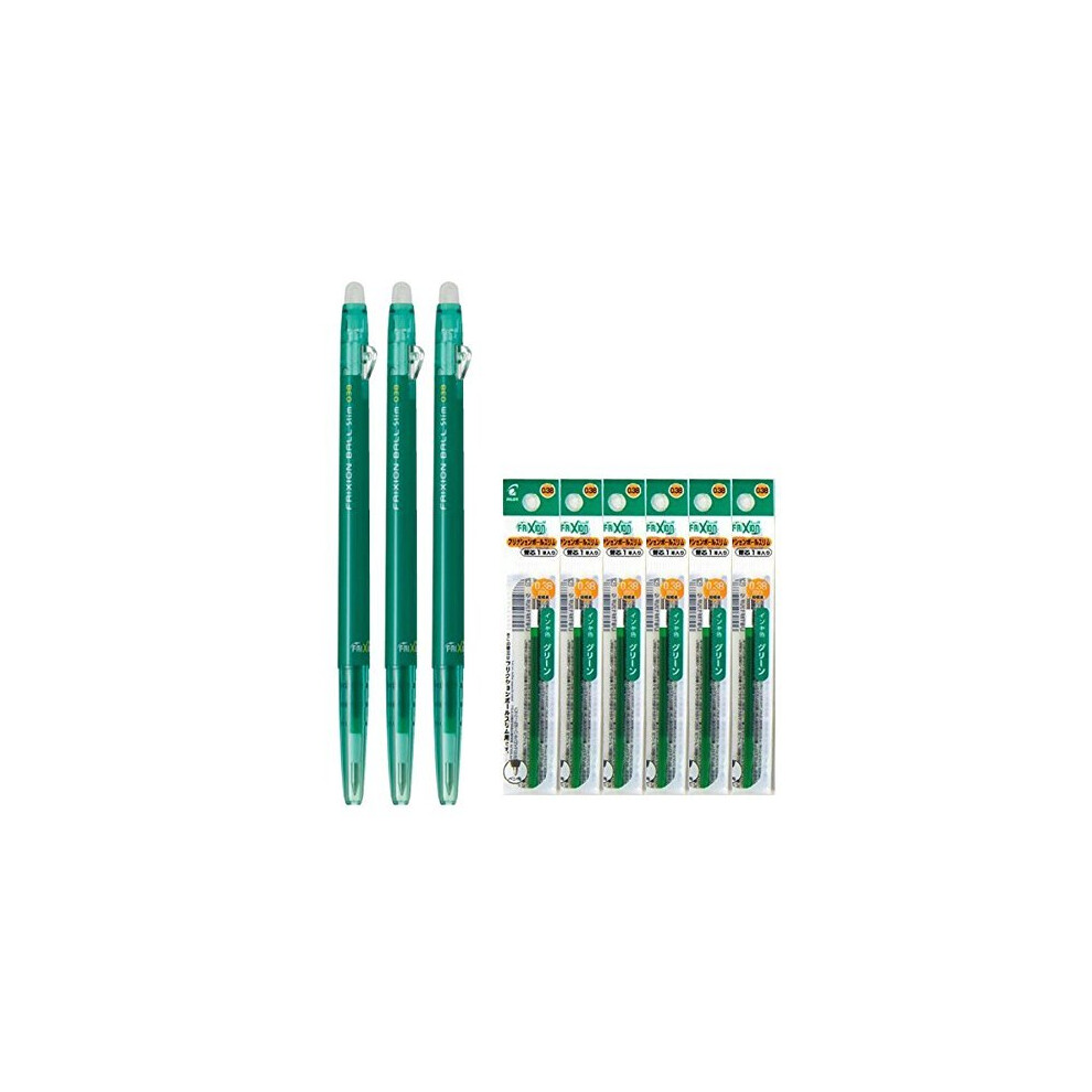 Pilot FriXion Ball Slim 038 Retractable Erasable Gel Ink Pen  Extra Fine Point 038mm  Green Ink  3 Pens  6 Refills Value Set