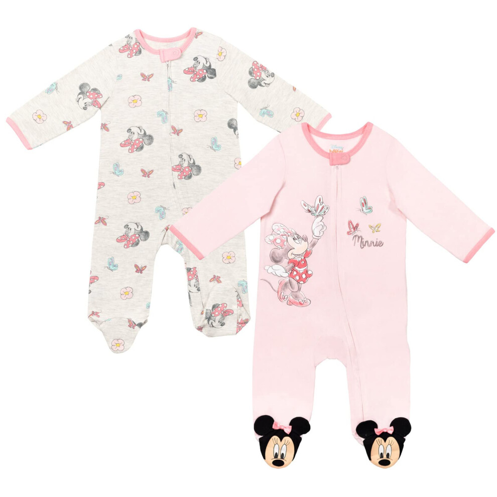 Disney Minnie Mouse Newborn Baby Girls 2 Pack Zip Up Sleep N Play Coveralls PinkWhite Newborn