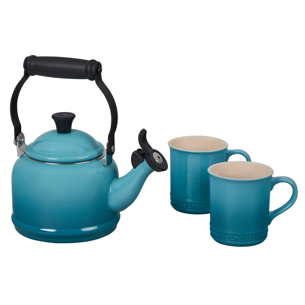 Le Creuset Enamel On Steel Demi Kettle  Stoneware Set of 2 Mugs  125 qt Kettle  2 14 oz Mugs  Caribbean