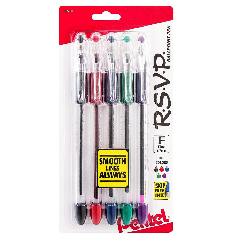 Pentel RSVP Ballpoint Pen  Fine Line  07mm  Assorted Ink  Clear Barrel  5 Pack BK90BP5M