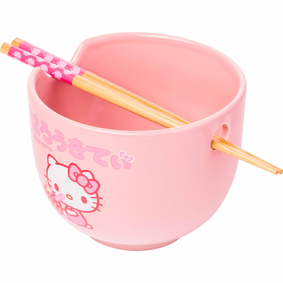 Silver Buffalo Sanrio Hello Kitty Strawberry Milk Japanese Character Ceramic Ramen Noodle Rice Bowl with Chopsticks  Microwave S