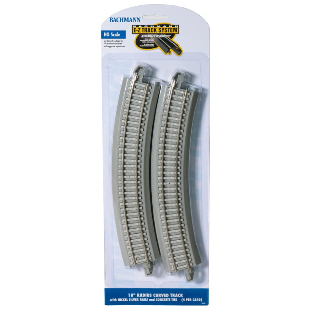 Bachmann Trains  Snap Fit EZ Track Nickel Silver Track with Concrete Ties ON Gray Roadbed  18    Radius Curved Track 4Card