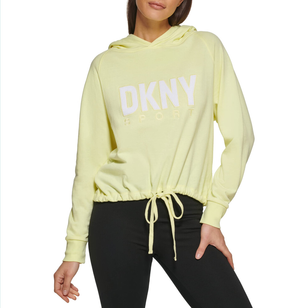 DKNY Womens Hoodie Drawcord Terrycloth Logo Top  Lemon Tart