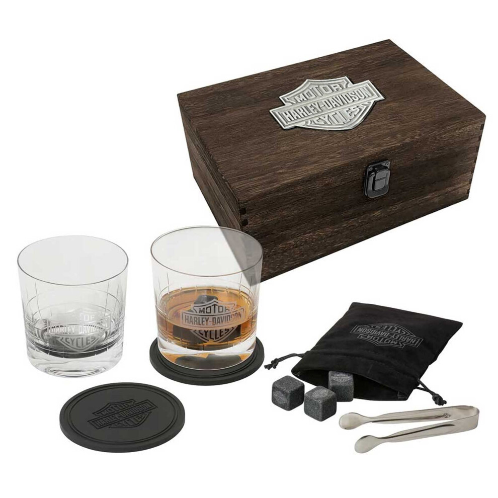 HarleyDavidson Bar  Shield Logo Premium Whiskey Glass Wooden Box Gift Set