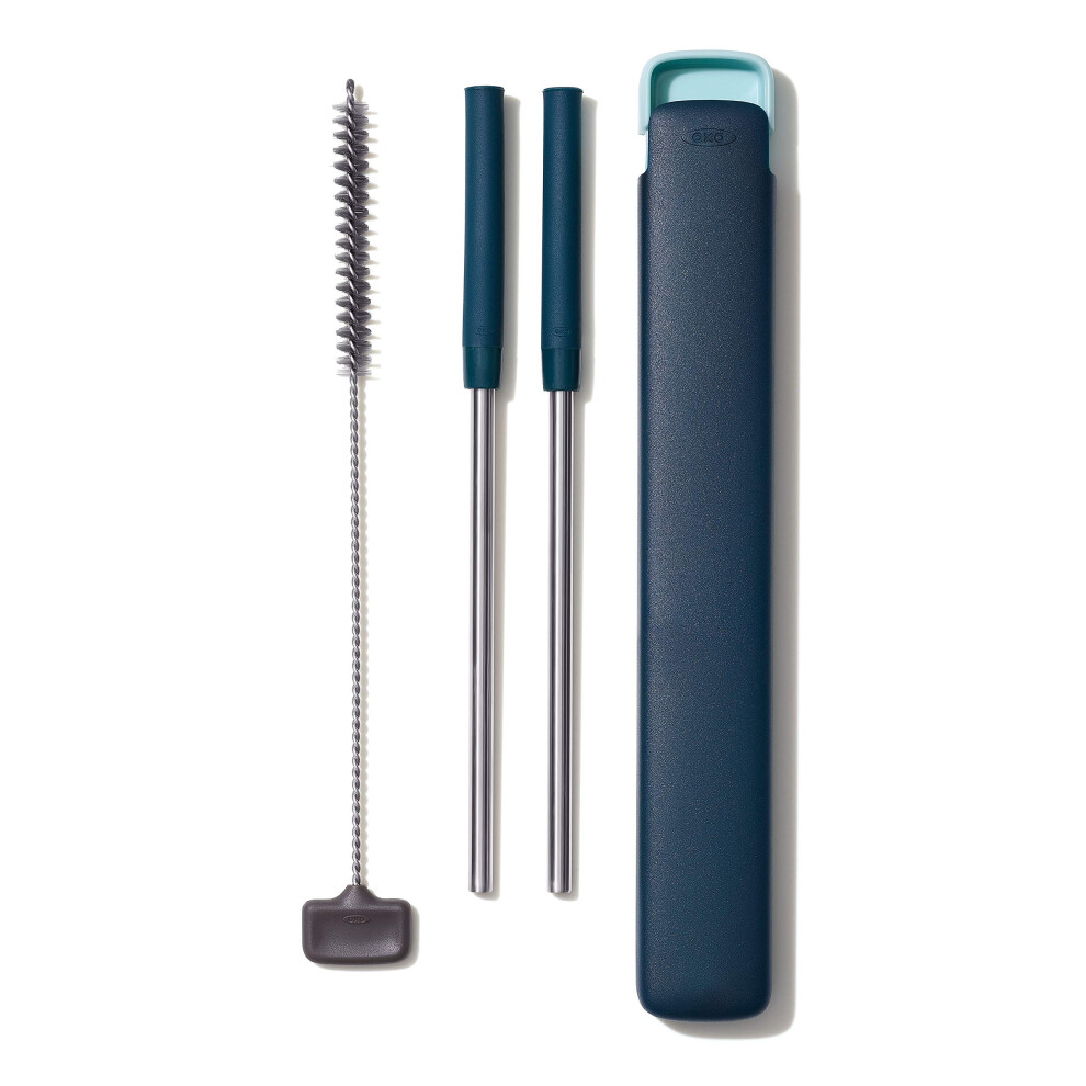 OXO Good Grips Stainless Steel 4 Piece Reusable Straw Set with Case  Green