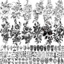 VANTATY 65 Blätter Schwarz Realistische Blumen Temporäre Tattoos Frauen Arm Oberschenkel, 3D Fake Tattoos