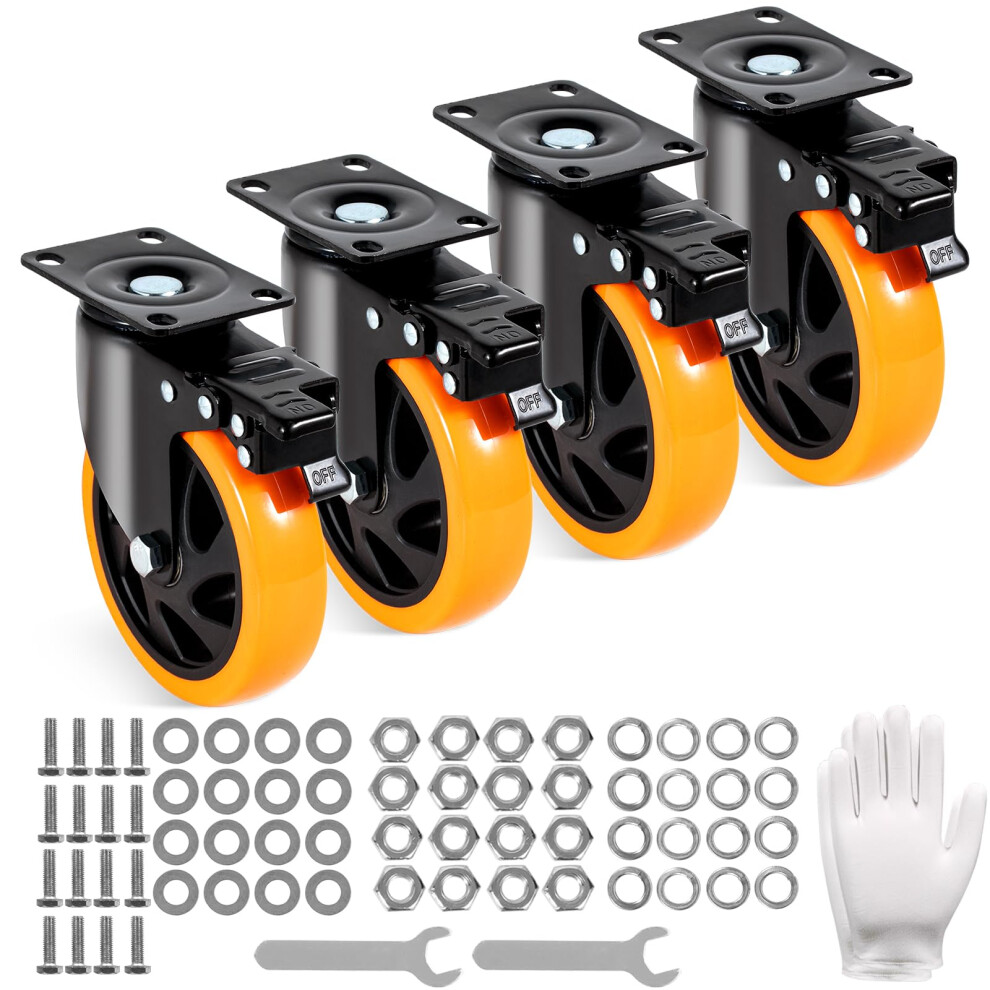 VEVOR Caster Wheels  5inch Swivel Plate Casters  Set of 4  with Security AB Locking No Noise PVC Wheels  Heavy Duty 1800 lbs L