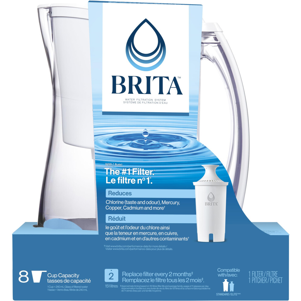 Brita Medium 8 Cup Water Filter Pitcher with 1 Standard Filter  BPA Free  Marina  White