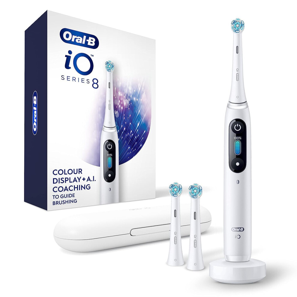 OralB iO Series 8 Rechargeable Electric Toothbrush  White Alabaster with 3 Brush Heads and Travel Case  Visible Pressure Senso