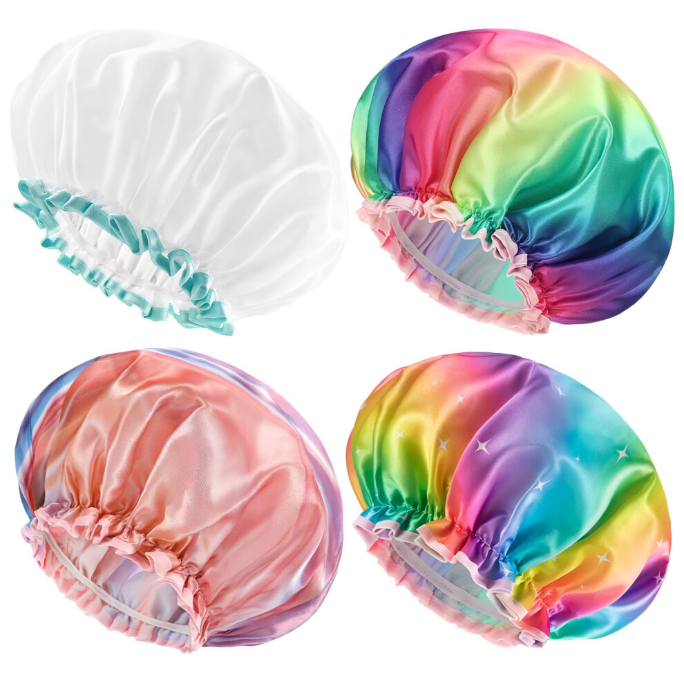 mikimini 4 Pack XL Shower Cap for Girls and Women  Mixed 4 Colors Sparkle Rainbow Stylish Shower Caps with Lace  Reusable Waterp-image-OPC-PFR7MQF-NEW