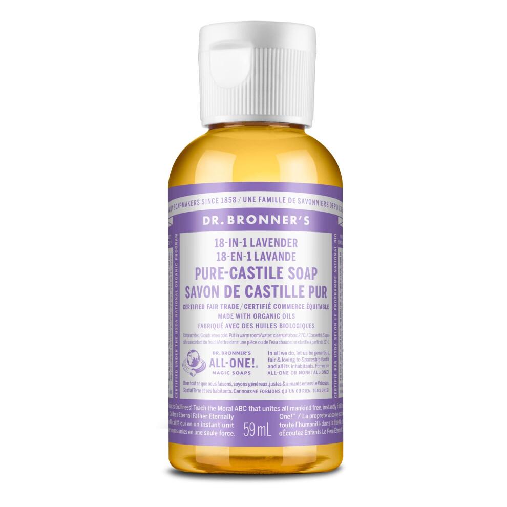 Dr Bronners  PureCastile Liquid Soap Lavender  2 ounce  Made with Organic Oils  18in1 Uses Face  Body  Hair  Laundry