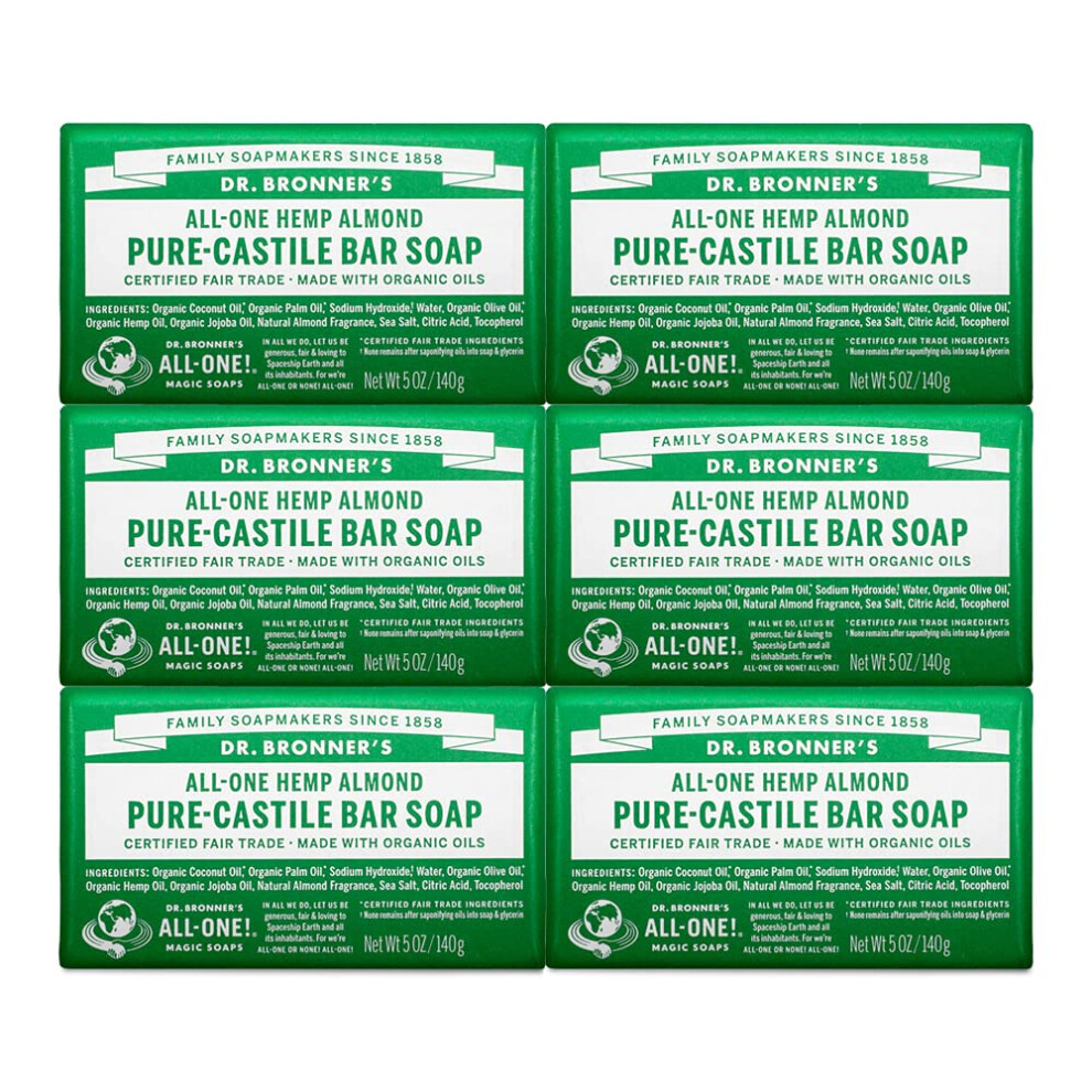 Dr Bronners  PureCastile Bar Soap Almond  5 oz  6Pack  Made with Organic Oils  For Face  Body  Hair  Gentle  Moisturiz