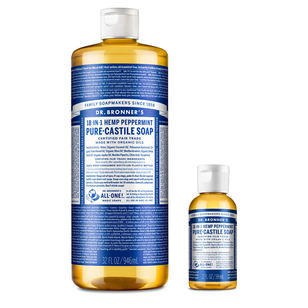 Dr Bronners  PureCastile Liquid Soap Peppermint  32 ounce and 2oz bundle  Made with Organic Oils  18in1 Uses Face  Bod