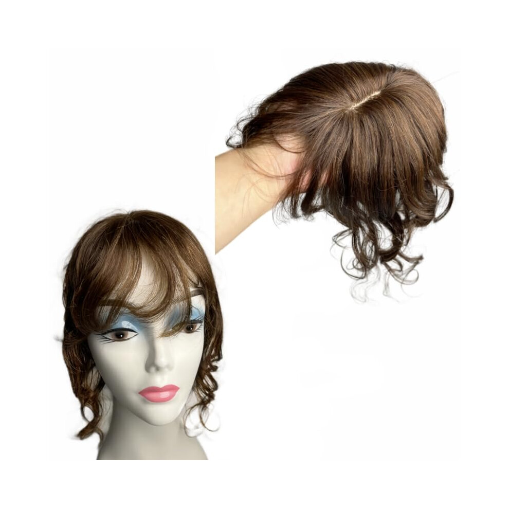 Ayunhe Unisex Curly Wavy Human Hair Topper For Women Clip In Human Hairpieces With 3D Bangs Fringe Hair Extensions 35Cm Mid Part Hair T