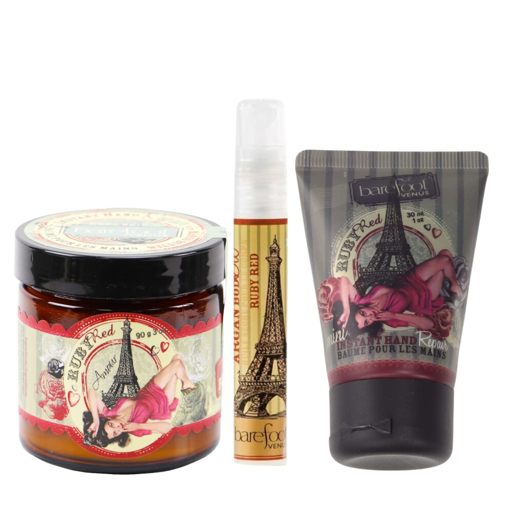 Barefoot Venus Ruby Red Bundle Réparation instantanée des mains 3 oz Mini réparation instantanée des mains 1 oz Huile corporelle à l'argan 027 oz