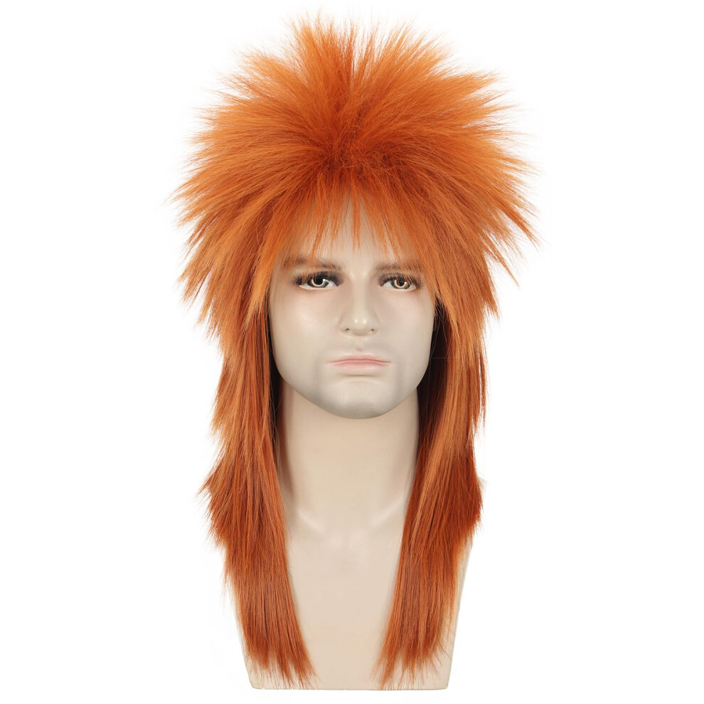 Karlery Unisex Orange Men Women Long Straight 70S 80S Heavy Metal Rocker Wig Disco Mullet Wig