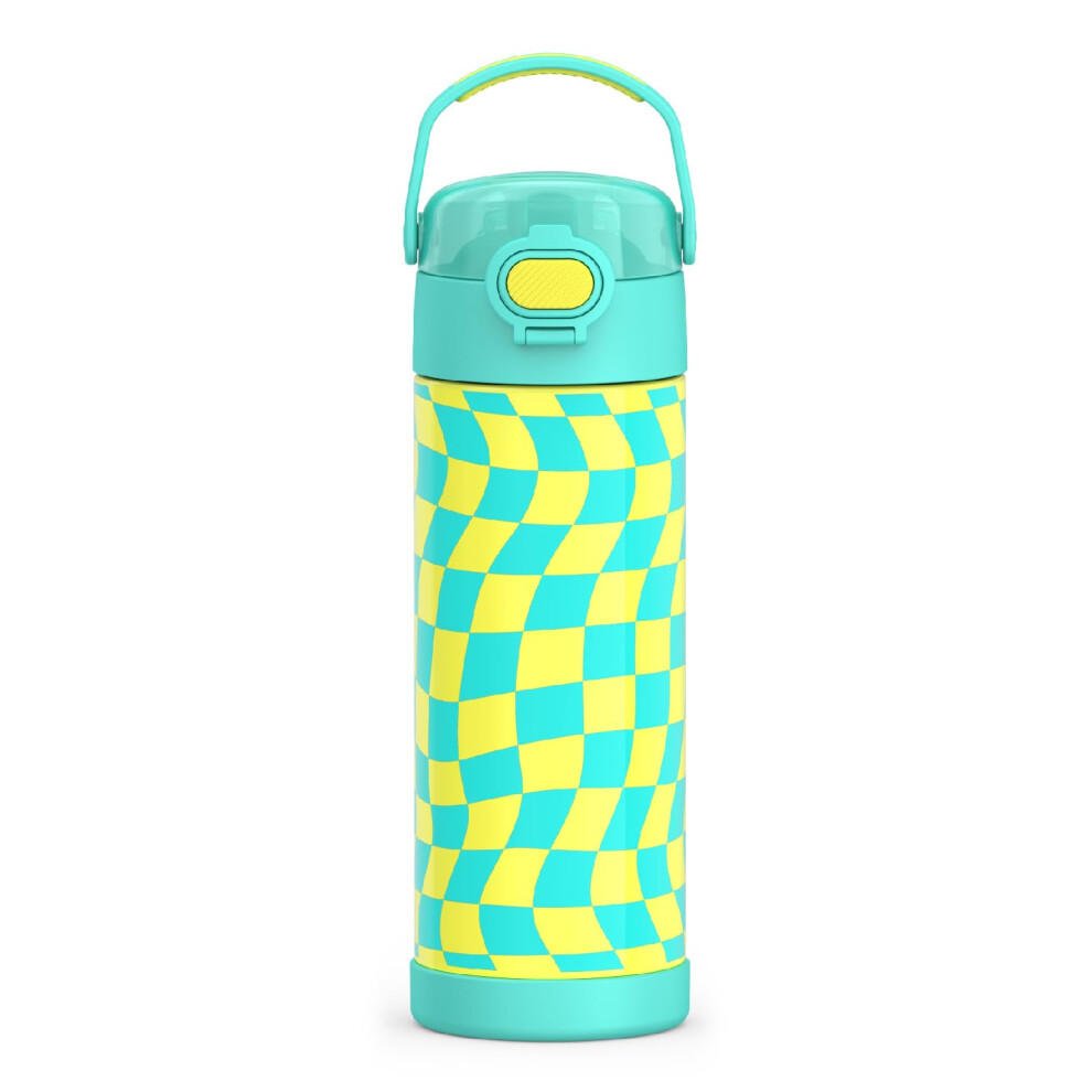 THERMOS FUNTAINER 16 Ounce Stainless Steel Vacuum Insulated Bottle with Wide Spout Lid  Wavy Checkers Teal